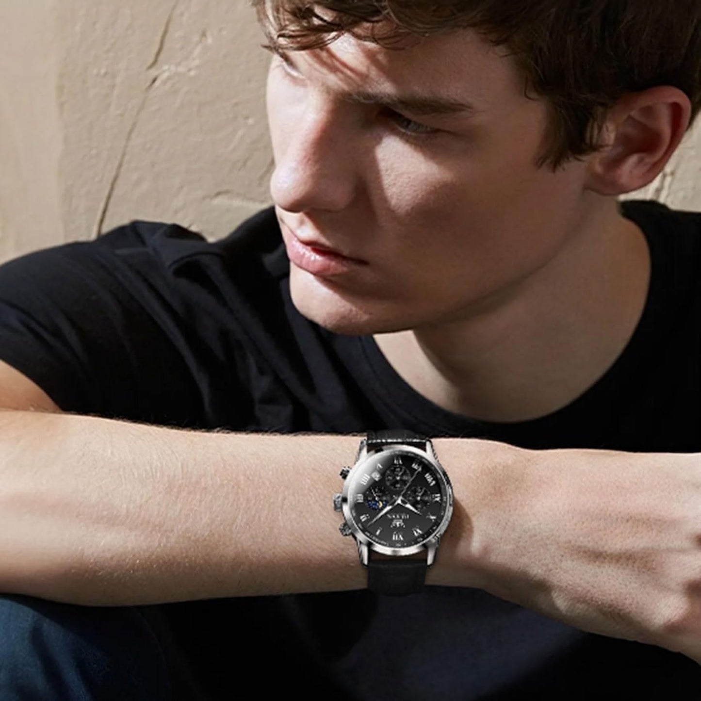 HOTOLEVS Men's Leather Analog Quartz Watch Luxury Chronograph Watch Waterproof