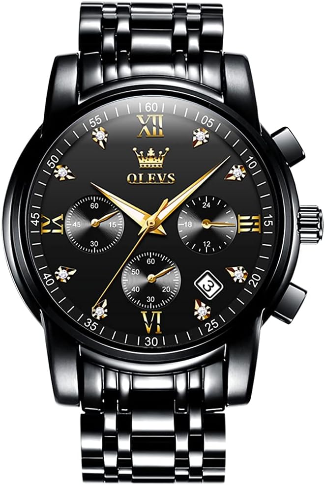 HOTOLEVS Men's Stainless Steel Chronograph Watch, Big Face Gold Silver Black Tone Easy to Read Analog Quartz Watch, Luxury Waterproof Date Diamond Roman Arabic Numerals Dial Dress Watch for Men