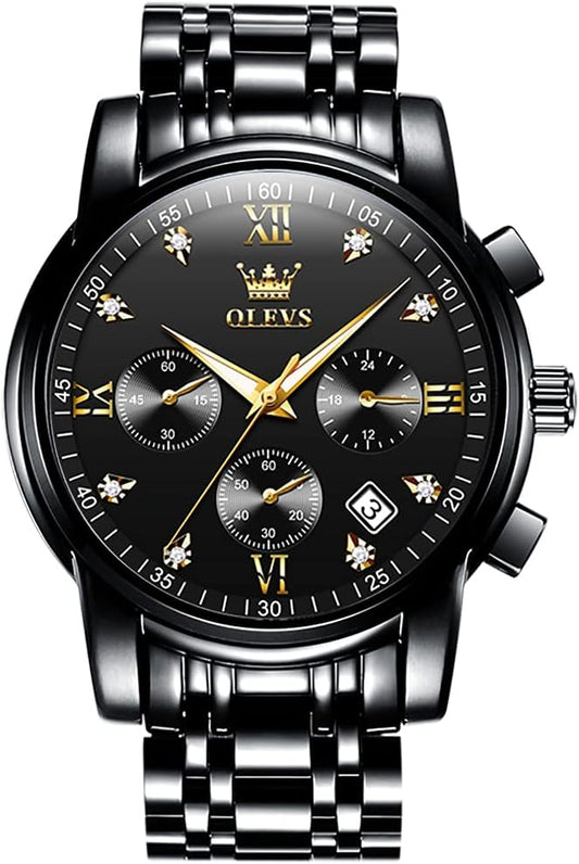 HOTOLEVS Men's Stainless Steel Chronograph Watch, Big Face Gold Silver Black Tone Easy to Read Analog Quartz Watch, Luxury Waterproof Date Diamond Roman Arabic Numerals Dial Dress Watch for Men