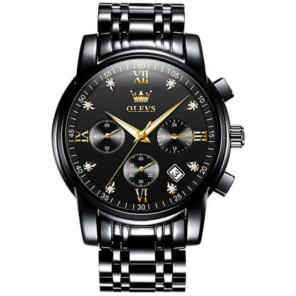 HOTOLEVS Men's Stainless Steel Chronograph Watch, Big Face Gold Silver Black Tone Easy to Read Analog Quartz Watch, Luxury Waterproof Date Diamond Roman Arabic Numerals Dial Dress Watch for Men