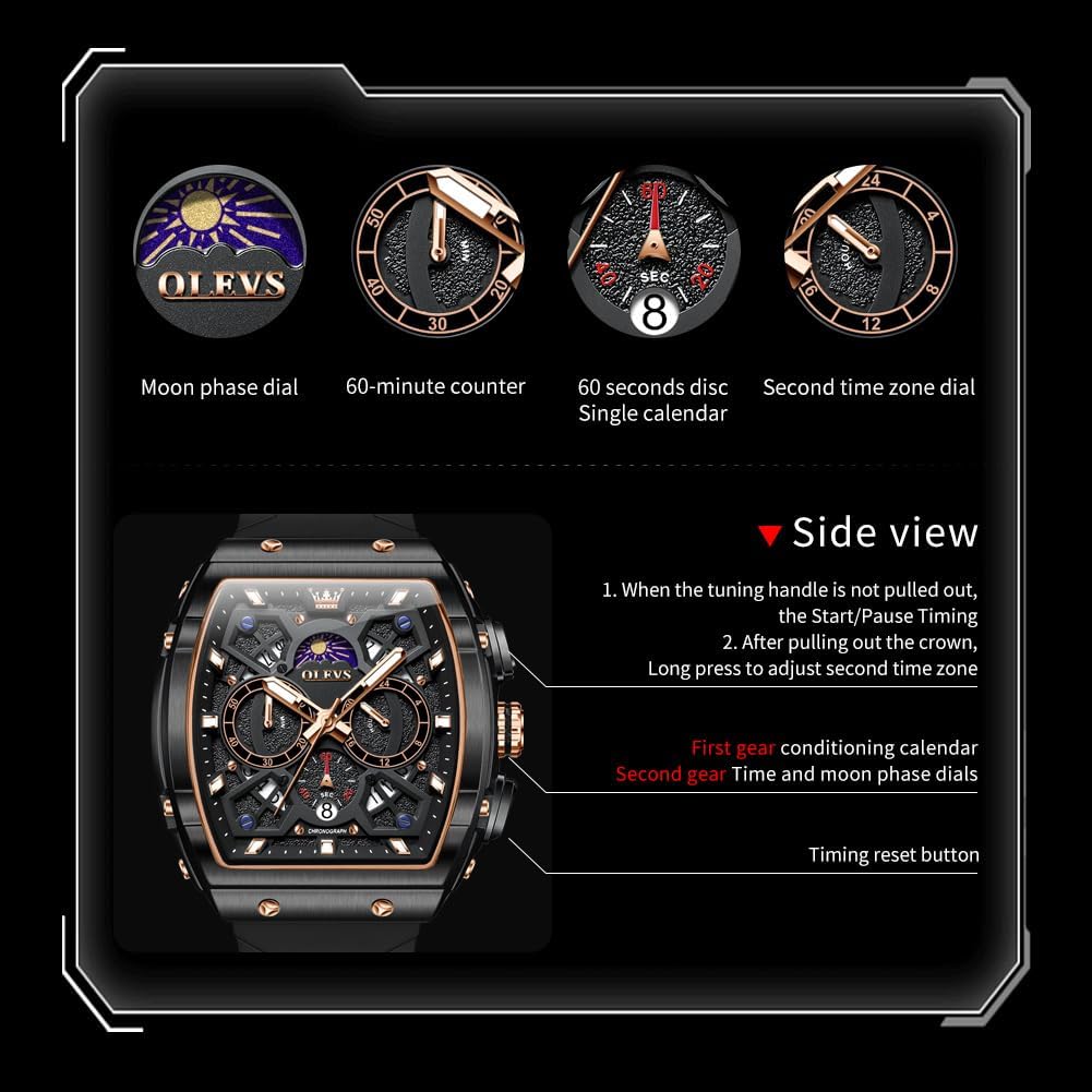 HOTOLEVS Tonneau Square Mens Watches, Fashion Large Face Silicone Band Watches for Men, Multifunctional Chronograph Quartz Men Waterproof Watch