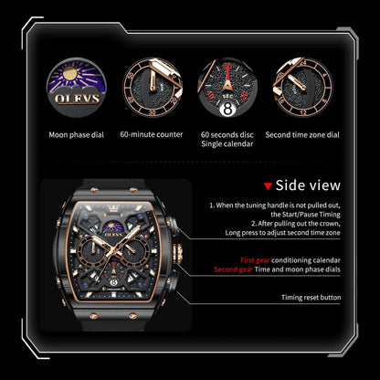 HOTOLEVS Tonneau Square Mens Watches, Fashion Large Face Silicone Band Watches for Men, Multifunctional Chronograph Quartz Men Waterproof Watch