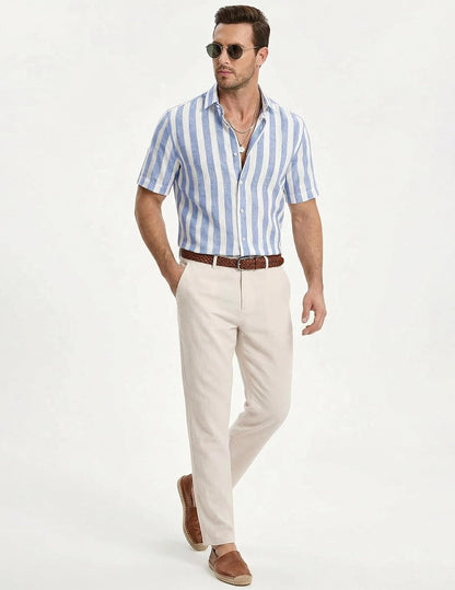 HOTJMIERR Men's Casual Stylish Short Sleeve Button-Up Striped Dress Shirt Cotton Beach Shirts