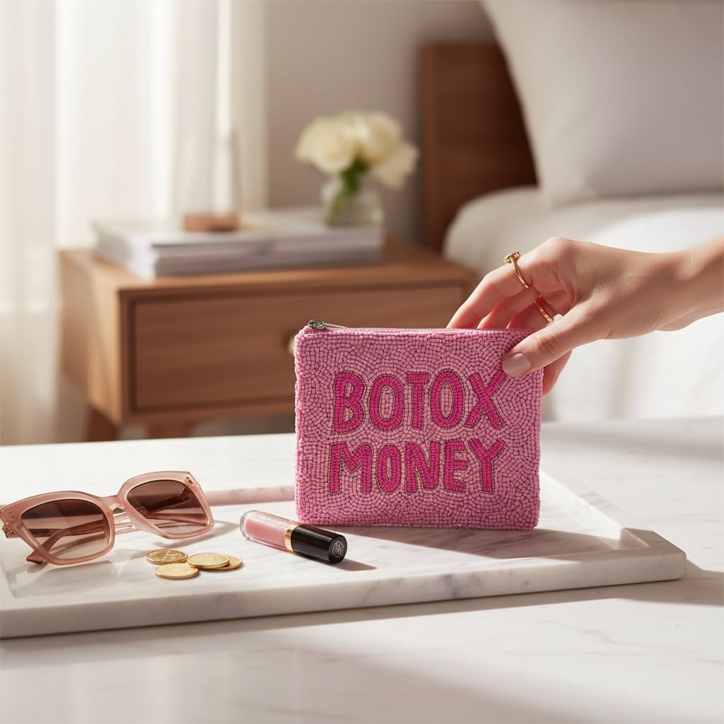 HOTPink Botox Money Beaded Coin Purse, Coin Pouch, Smalls Wallets for Her, Birthday Gifts, Botox Money Pouch, Pink Pouch Purse