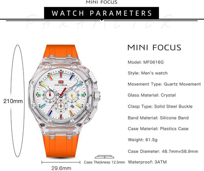HOTMASTOP Men Watches Multifunction Transparent Analog Display Orange Silicone Strap Calendar Chronograph Luminous Quartz Waterproof Trend Wrist Watches for Men Colorful Cool Dress Watch