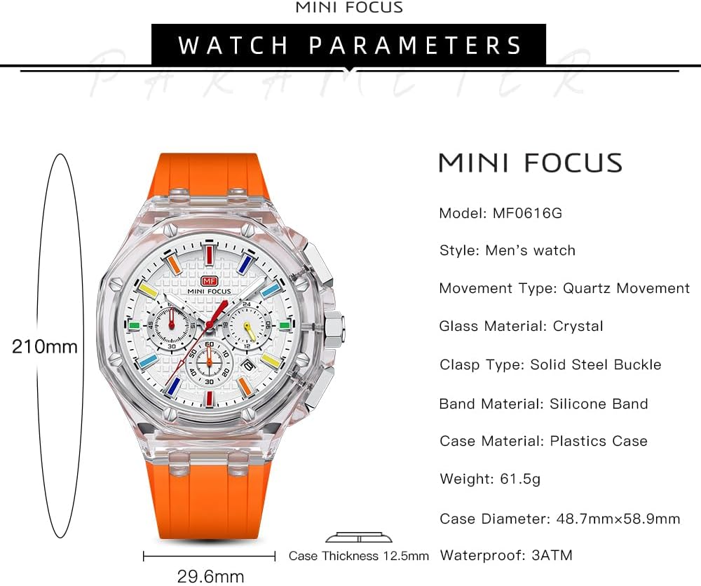 HOTMINI Focus Men Watches,Unique Transparent (Mutifunction/Light Weight/Calendar/Waterproof) Silicone Strap Fashion Wrist Watches for Men