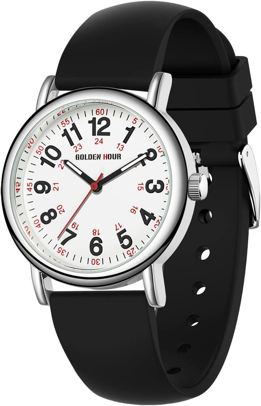 HOTGOLDEN HOUR Waterproof Nurse Watch for Medical Professionals, Students Women Men - Military Time Luminouse Easy Read Dial, 24 Hour with Second Hand, Colorful Silicone Band