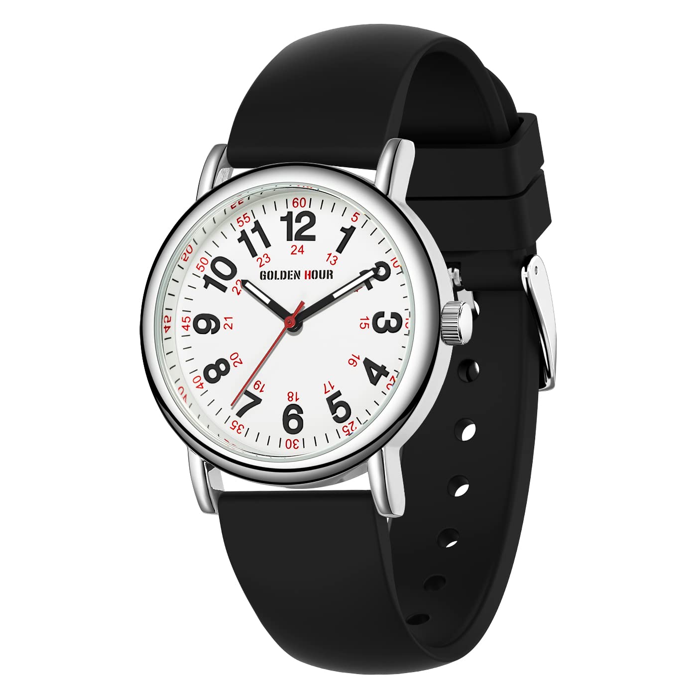 HOTGOLDEN HOUR Waterproof Nurse Watch for Medical Professionals, Students Women Men - Military Time Luminouse Easy Read Dial, 24 Hour with Second Hand, Colorful Silicone Band