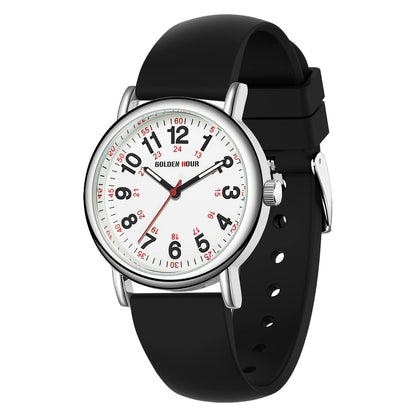 HOTGOLDEN HOUR Waterproof Nurse Watch for Medical Professionals, Students Women Men - Military Time Luminouse Easy Read Dial, 24 Hour with Second Hand, Colorful Silicone Band