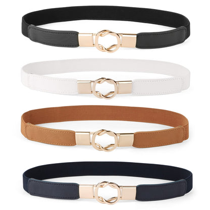 HOTWERFORU Women Skinny Belt for Dresses Retro Stretch Waist Belt with Gold Buckle Set of 4