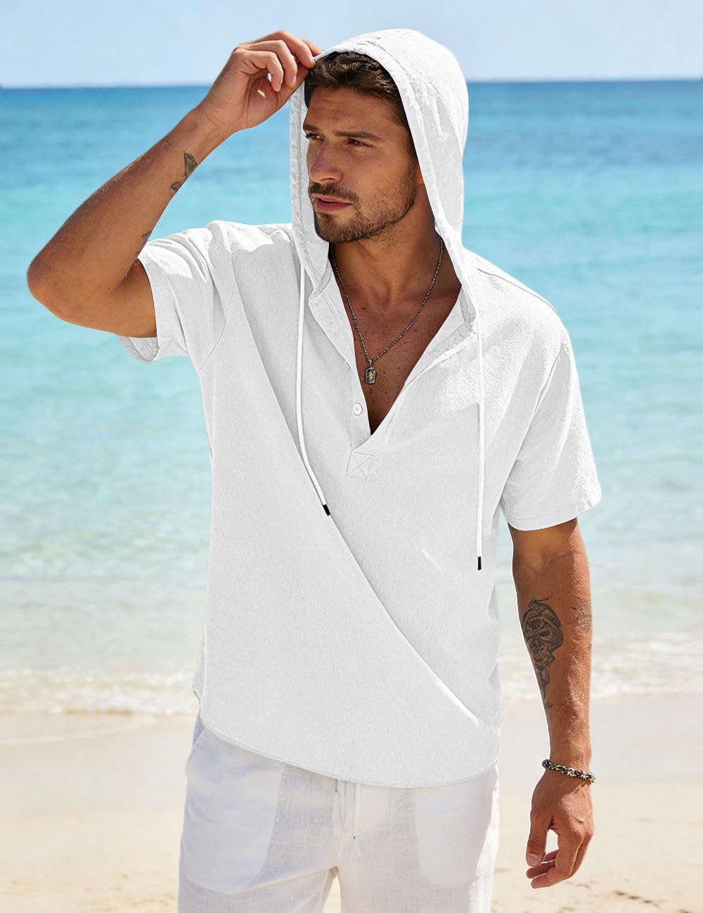 HOTMen's Cotton Linen Shirts Short Sleeve Casual Button Down Hoodies Summer Hawaiian Beach Top with Drawstring