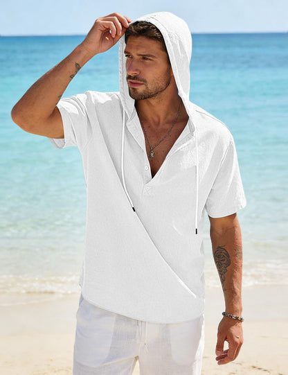 HOTMen's Cotton Linen Shirts Short Sleeve Casual Button Down Hoodies Summer Hawaiian Beach Top with Drawstring