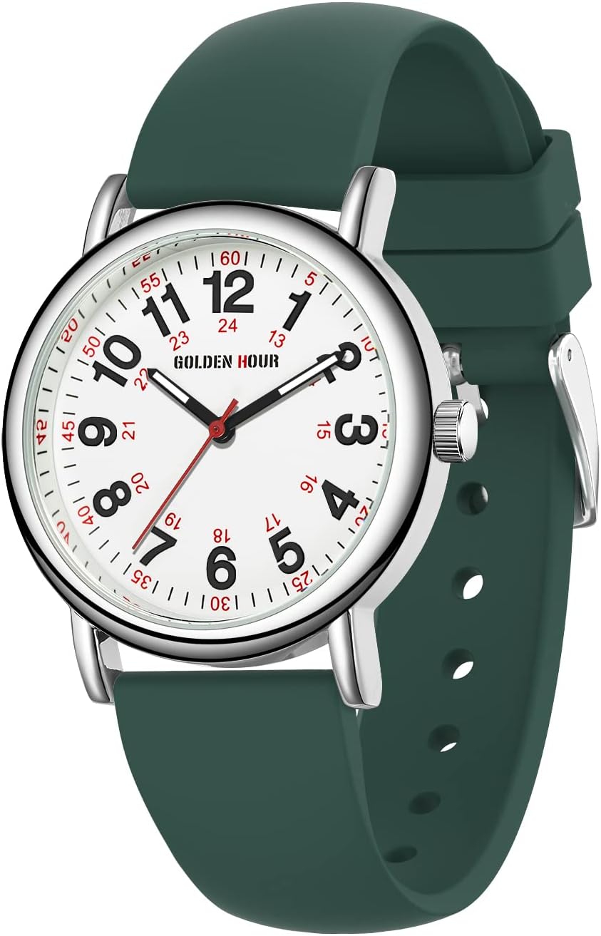 HOTGOLDEN HOUR Waterproof Nurse Watch for Medical Professionals, Students Women Men - Military Time Luminouse Easy Read Dial, 24 Hour with Second Hand, Colorful Silicone Band