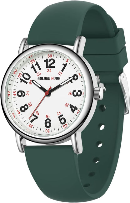 HOTGOLDEN HOUR Waterproof Nurse Watch for Medical Professionals, Students Women Men - Military Time Luminouse Easy Read Dial, 24 Hour with Second Hand, Colorful Silicone Band