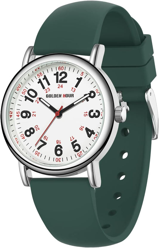 HOTGOLDEN HOUR Waterproof Nurse Watch for Medical Professionals, Students Women Men - Military Time Luminouse Easy Read Dial, 24 Hour with Second Hand, Colorful Silicone Band