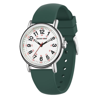 HOTGOLDEN HOUR Waterproof Nurse Watch for Medical Professionals, Students Women Men - Military Time Luminouse Easy Read Dial, 24 Hour with Second Hand, Colorful Silicone Band
