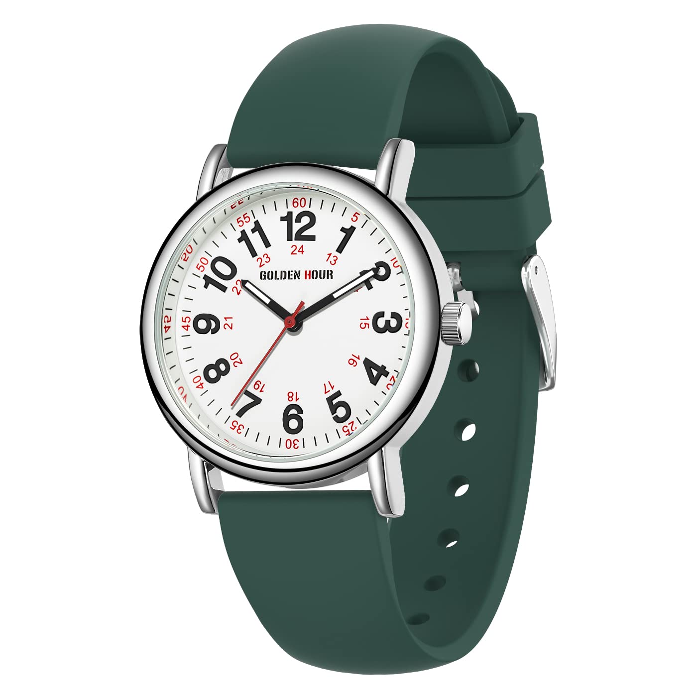 HOTGOLDEN HOUR Waterproof Nurse Watch for Medical Professionals, Students Women Men - Military Time Luminouse Easy Read Dial, 24 Hour with Second Hand, Colorful Silicone Band