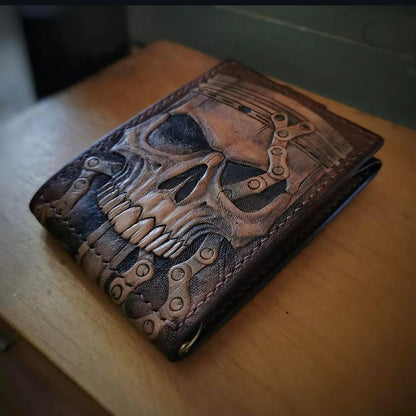 HOTMen's 3D Genuine Leather Wallet, Hand-Carved, Hand-Painted, Leather Carving, Custom wallet, Personalized wallet, Skull, Gear Head Design, Wrench, Spanner, Skeleton, Bone, Biker, Spark Plug