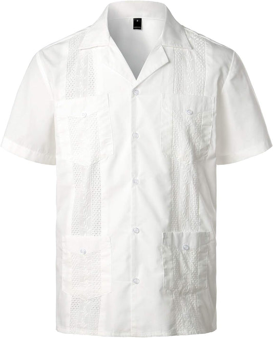HOTVATPAVE Mens Short Sleeve Button Down Cuban Guayabera Shirts | Camp Collar, Button Up, Wedding, Breathable, Casual Stylish, Summer, Hawaiian, Vacation, Embroidered, Holiday, with Pocket