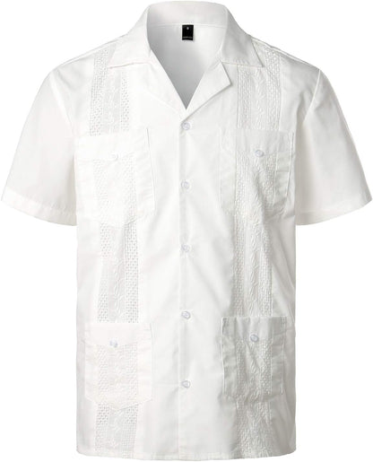 HOTVATPAVE Mens Short Sleeve Button Down Cuban Guayabera Shirts | Camp Collar, Button Up, Wedding, Breathable, Casual Stylish, Summer, Hawaiian, Vacation, Embroidered, Holiday, with Pocket