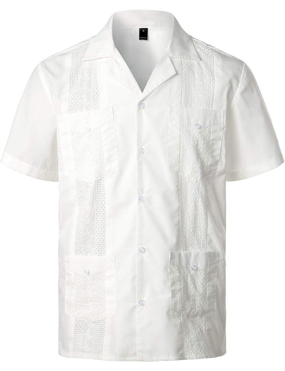 HOTVATPAVE Mens Short Sleeve Button Down Cuban Guayabera Shirts | Camp Collar, Button Up, Wedding, Breathable, Casual Stylish, Summer, Hawaiian, Vacation, Embroidered, Holiday, with Pocket