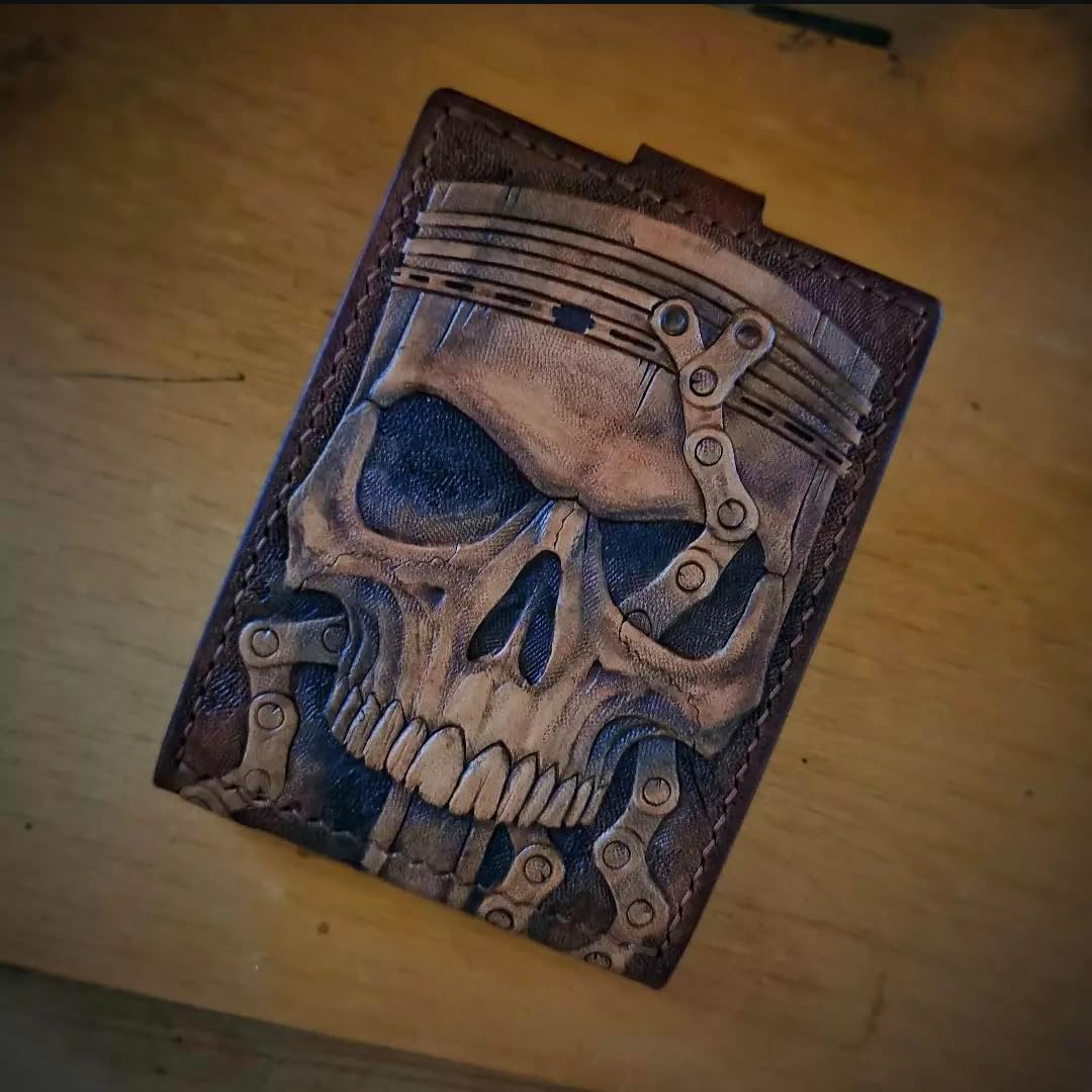 HOTMen's 3D Genuine Leather Wallet, Hand-Carved, Hand-Painted, Leather Carving, Custom wallet, Personalized wallet, Skull, Gear Head Design, Wrench, Spanner, Skeleton, Bone, Biker, Spark Plug