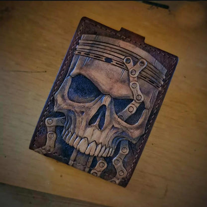 HOTMen's 3D Genuine Leather Wallet, Hand-Carved, Hand-Painted, Leather Carving, Custom wallet, Personalized wallet, Skull, Gear Head Design, Wrench, Spanner, Skeleton, Bone, Biker, Spark Plug