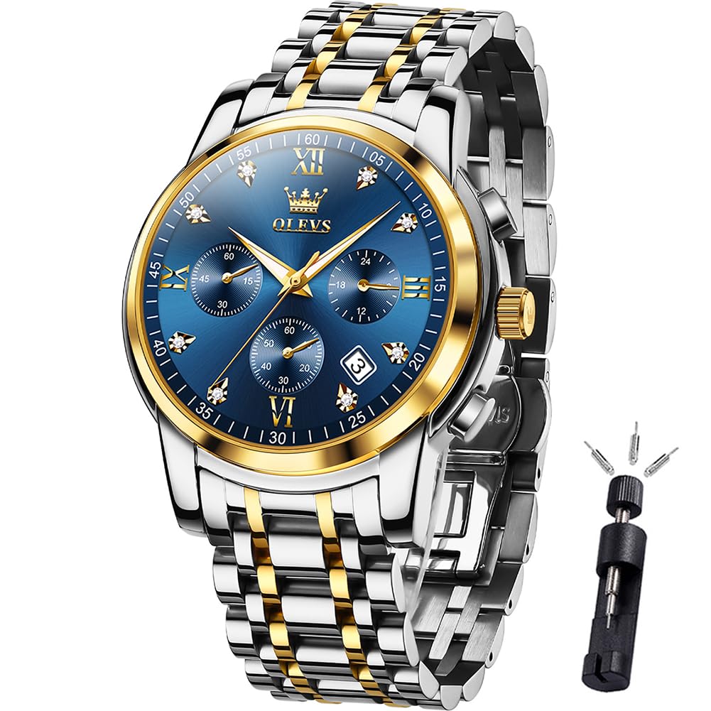 HOTOLEVS Mens Watches Luxury Waterproof Luminous Easy Read Chronograph Watches Full Gold/White Dail/Black Face with Calendar Wrist Watches