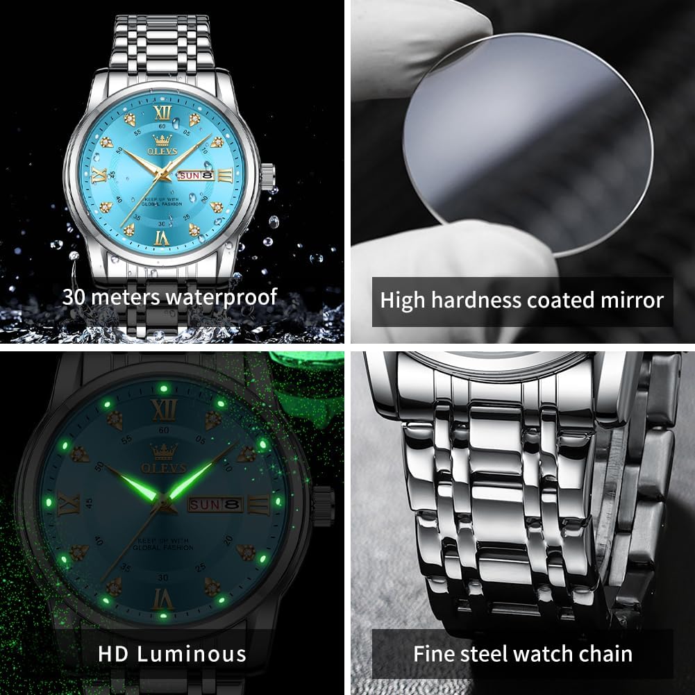 HOTOLEVS Men Watch Blue Gold Analog Quartz Stainless Steel Waterproof Luminous Date Luxury Casual Watch