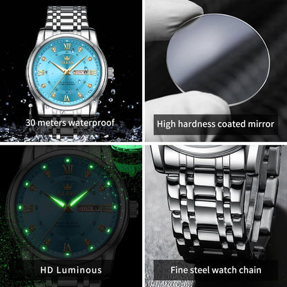 HOTOLEVS Men Watch Blue Gold Analog Quartz Stainless Steel Waterproof Luminous Date Luxury Casual Watch