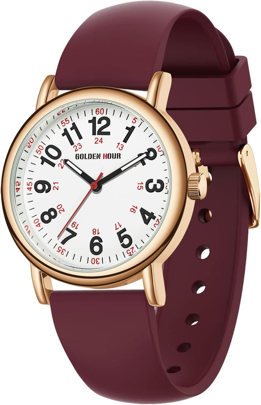 HOTGOLDEN HOUR Waterproof Nurse Watch for Medical Professionals, Students Women Men - Military Time Luminouse Easy Read Dial, 24 Hour with Second Hand, Colorful Silicone Band