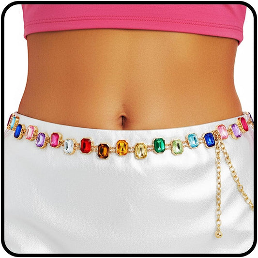 HOTELABEST Rainbow Belt Chain Colorful Waist Chains Rhinestone Gold Jewelry for Women