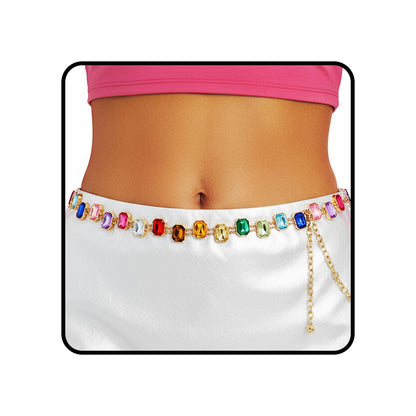 HOTELABEST Rainbow Belt Chain Colorful Waist Chains Rhinestone Gold Jewelry for Women