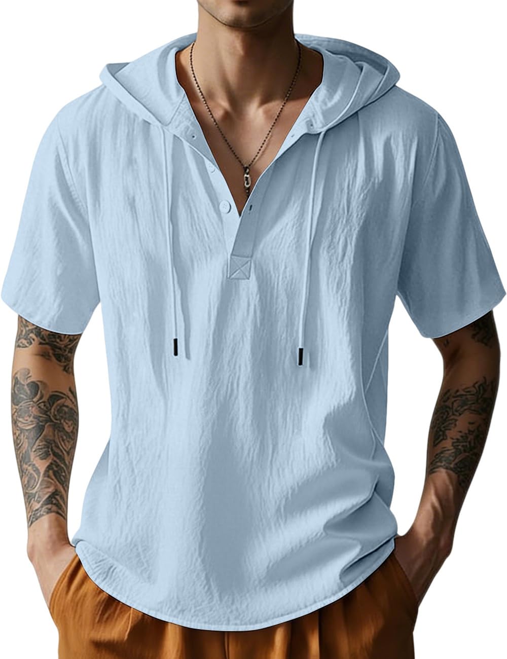 HOTMen's Cotton Linen Shirts Short Sleeve Casual Button Down Hoodies Summer Hawaiian Beach Top with Drawstring