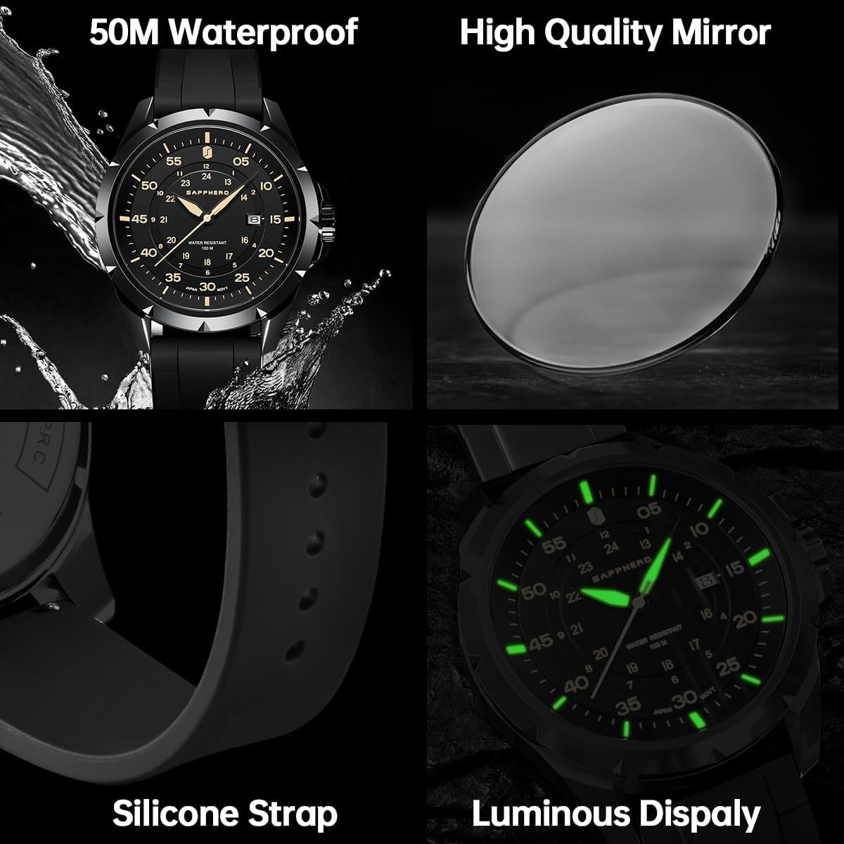 HOTSAPPHERO Mens Watch 50M Waterproof Luminous Quartz Analog Watches with Date Display Casual Stylish Work Business Classic Silicone Strap Men's Wrist Watches Elegant Gifts for Men