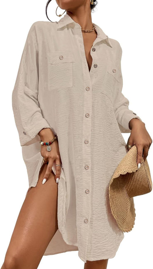 HOTBsubseach Womens Modern Swimsuit Cover Up Blouse Button Down Shirt Dresses Tops