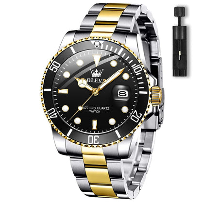 HOTOLEVS Men's Watches with Date, Premium Gold and Silver Stainless Steel Analog Watches for Men, Classic Rotatable Bezel Men's Cuff Watches, Blue/Green/Black Dial