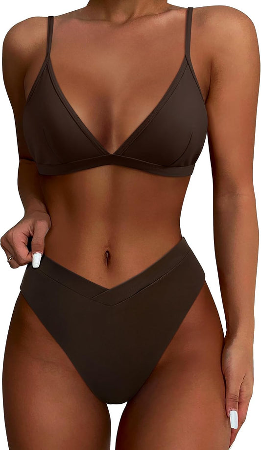 HOTSUUKSESS Women Triangle High Cut Bikini Sets Sexy High Waisted 2 Piece Swimsuit