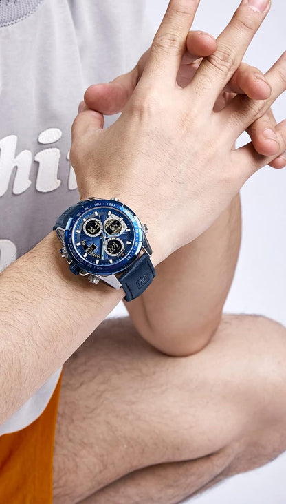 HOTNAVIFORCE Men's Military Digital Watches Analog Quartz Waterproof Watch Sport Multifunctional Leather Wristwatch