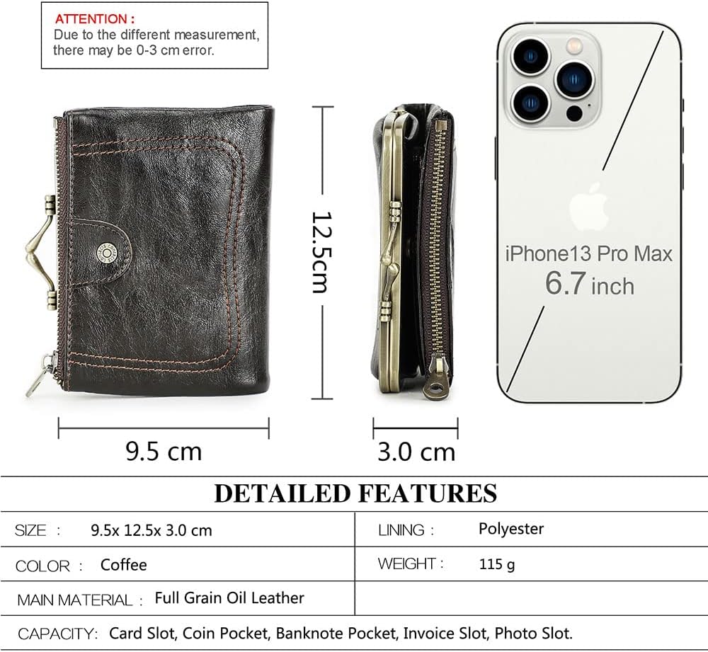 HOTCONTACTS Full Grain Leather Kiss Lock Wallet for Women Small Zipper Coin Pocket Vintage Bifold Rfid Purse Card Holder with Photo Window
