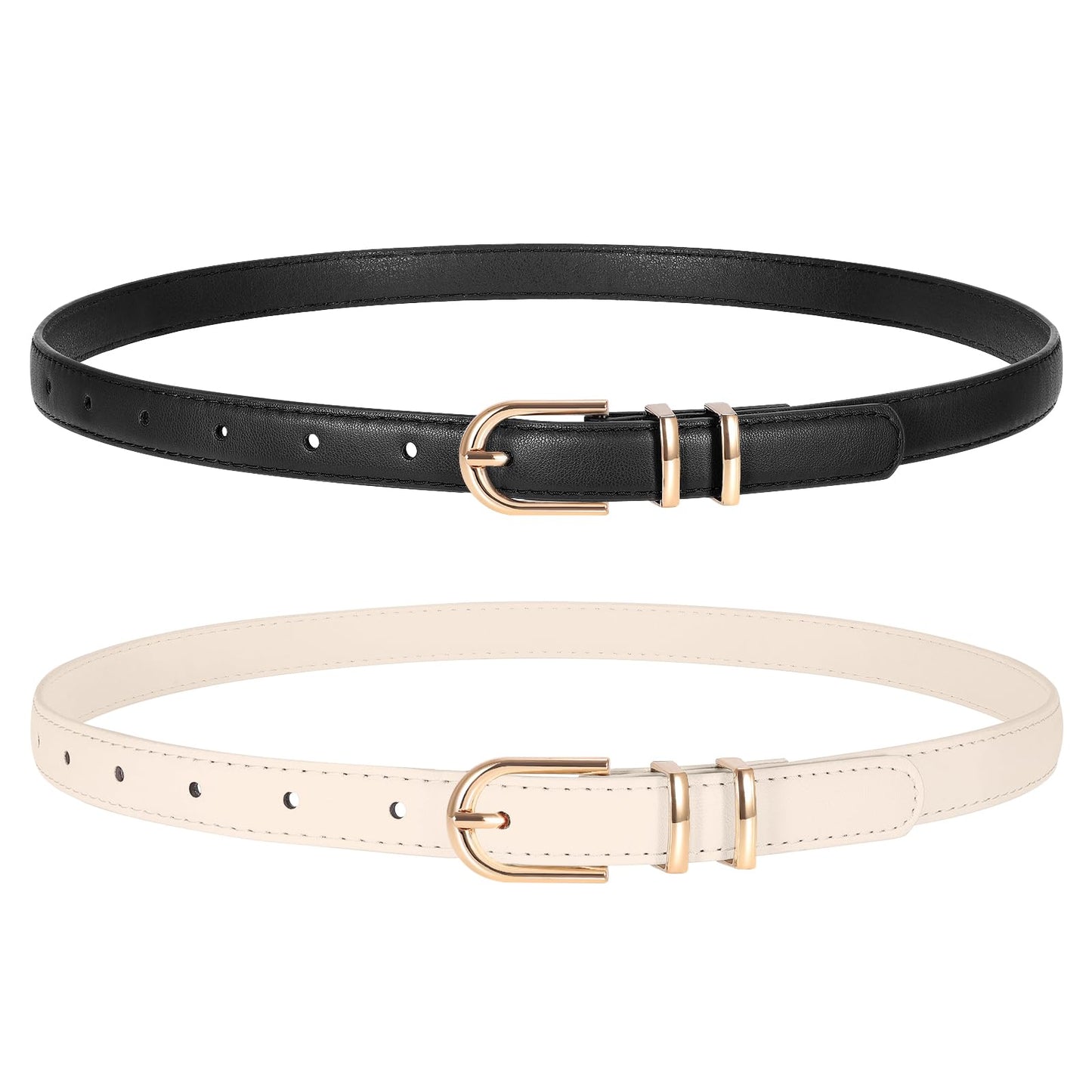 HOTTRIWORKS 2 Pack Women Skinny Leather Belts for Jeans Pants Thin Faux Leather Belt with Gold Buckle