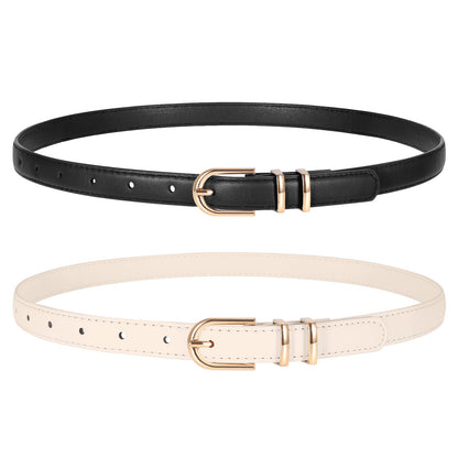 HOTTRIWORKS 2 Pack Women Skinny Leather Belts for Jeans Pants Thin Faux Leather Belt with Gold Buckle