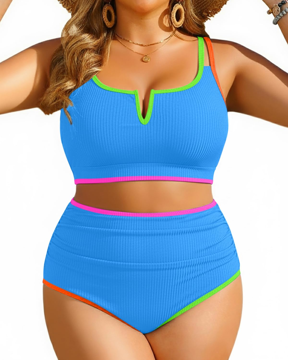 HOTWomen Plus Size High Waisted Bikini Ribbed Two Piece Tummy Control Swimsuit | V-Wired Bathing Suit, Adjustable Straps, Full Coverage, Full Lining