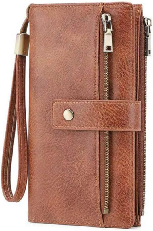 HOTWomen's Long Wallet, Stylish Clutch, Elegant Solid Color RFID Blocking Wallet, Large Capacity Bifold Zipper Card Case Organizer with Wrist Strap, ID Window, Ladies Gift Woman (Brown)