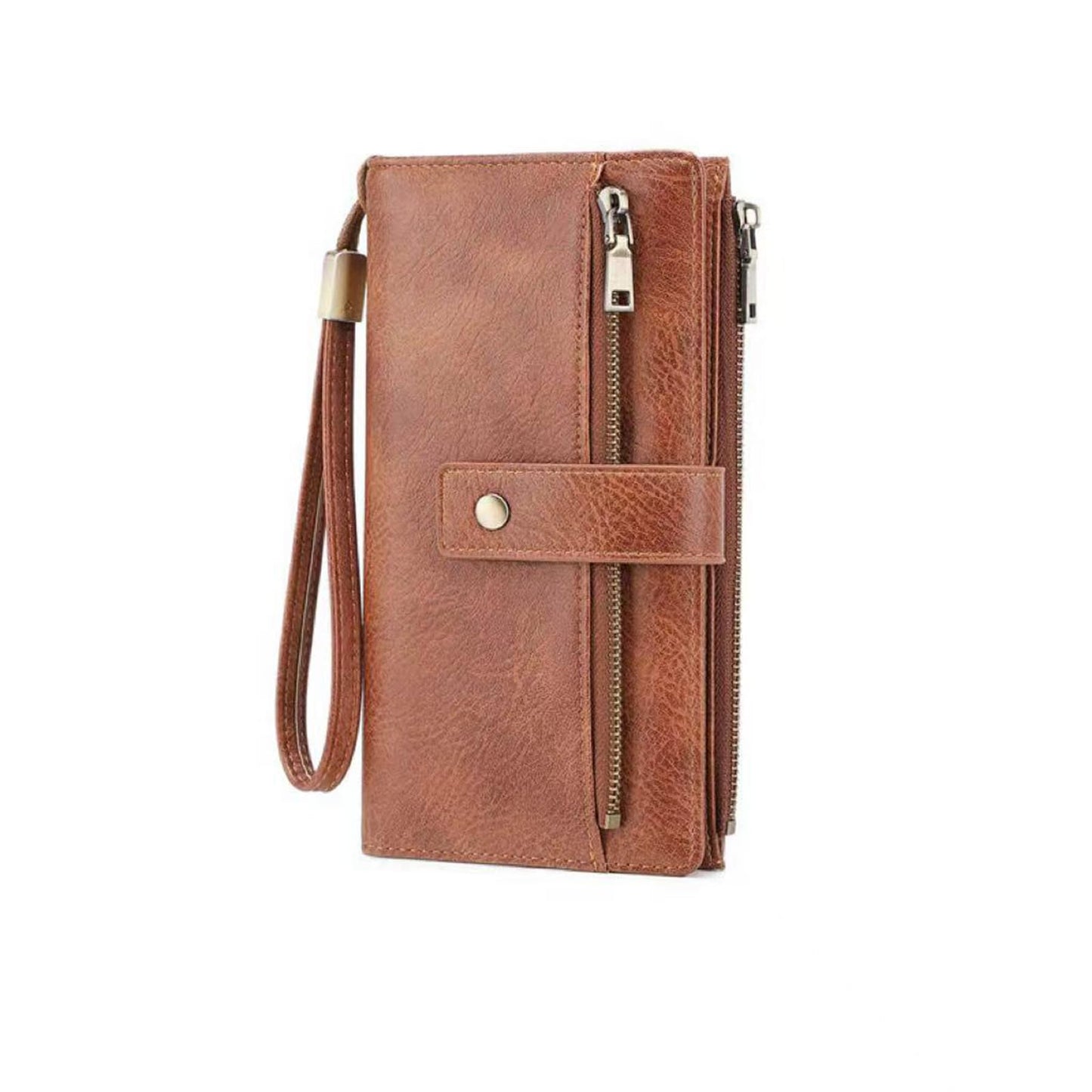 HOTWomen's Long Wallet, Stylish Clutch, Elegant Solid Color RFID Blocking Wallet, Large Capacity Bifold Zipper Card Case Organizer with Wrist Strap, ID Window, Ladies Gift Woman (Brown)