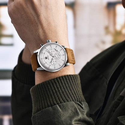HOTBENYAR Quartz Chronograph Waterproof Watches Business and Sport Design Leather Band Strap Wrist Watch for Men
