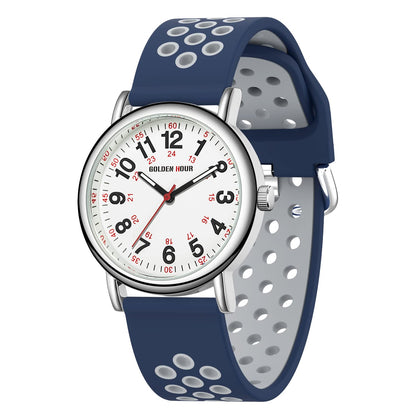 HOTGOLDEN HOUR Waterproof Nurse Watch for Medical Professionals, Students Women Men - Military Time Luminouse Easy Read Dial, 24 Hour with Second Hand, Colorful Silicone Band