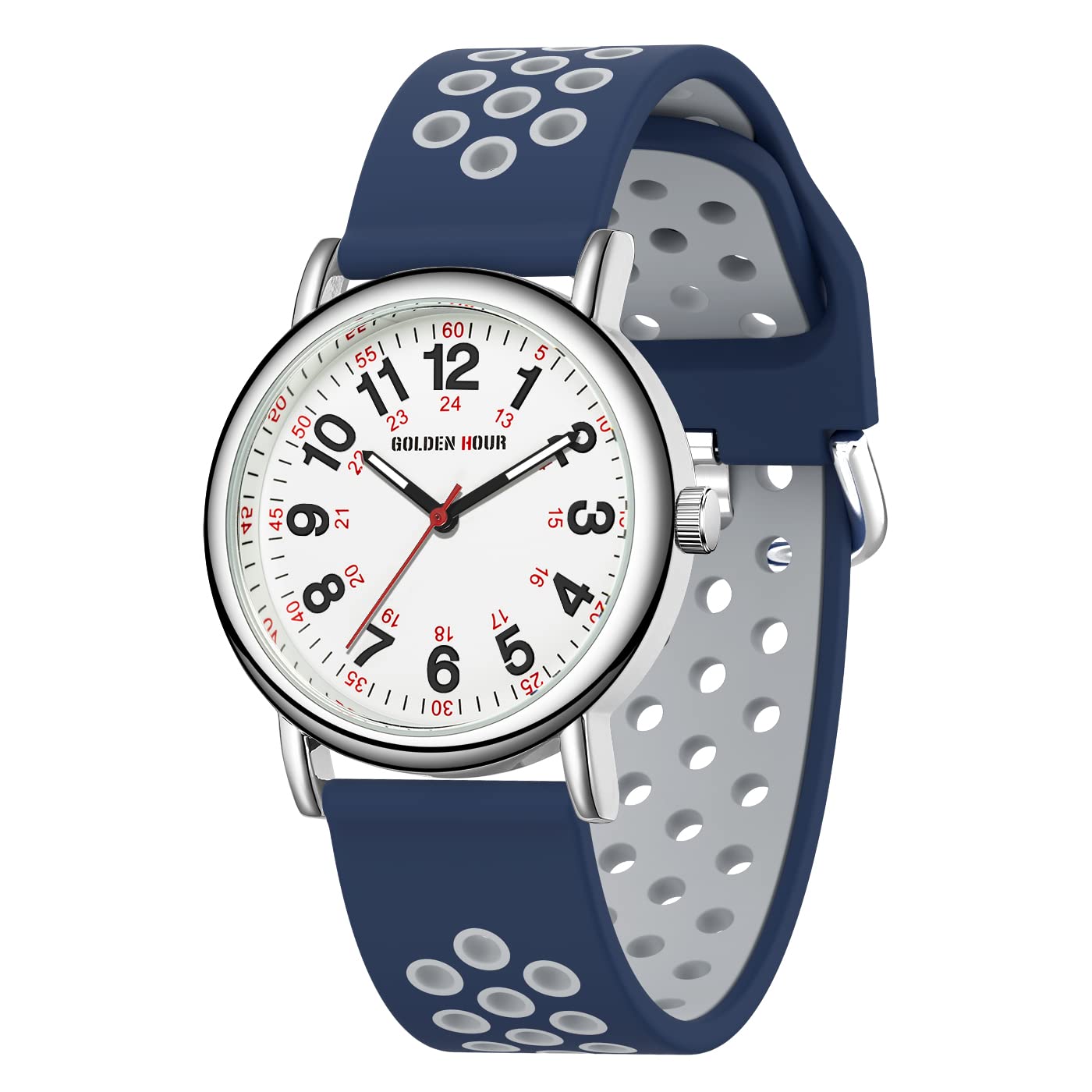 HOTGOLDEN HOUR Waterproof Nurse Watch for Medical Professionals, Students Women Men - Military Time Luminouse Easy Read Dial, 24 Hour with Second Hand, Colorful Silicone Band