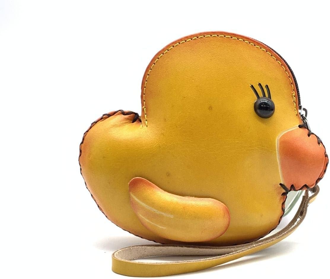 HOTHandmade Vintage Genuine Leather 3D Animal Yellow Duck Coin Purse with Removable wrist strap