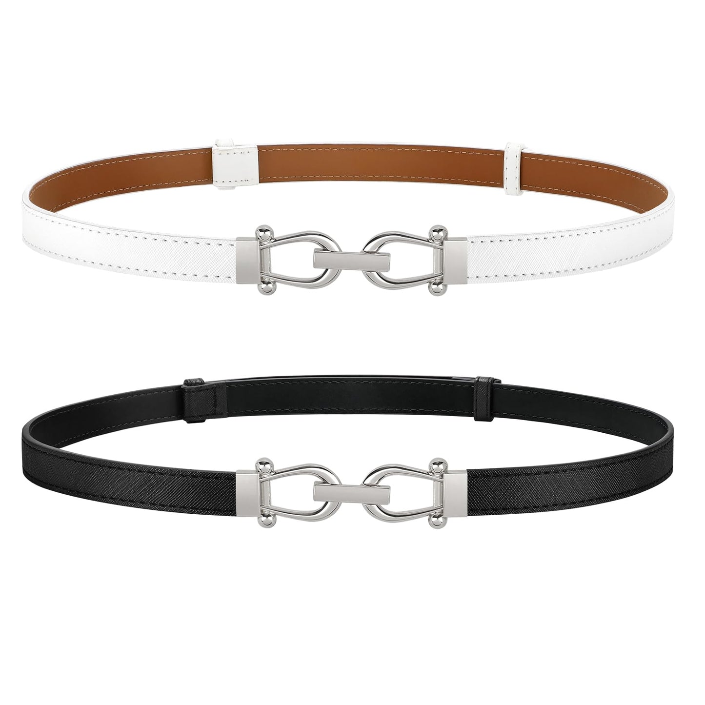 HOTJASGOOD 2 Pack Thin Belts for Women Fashion Skinny Leather Waist Belts for Jeans Pants Dresses with Gold Buckle